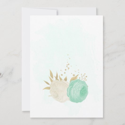 Invitation vert menthe fleurs blanches or fleuri anniversaire (Dos)