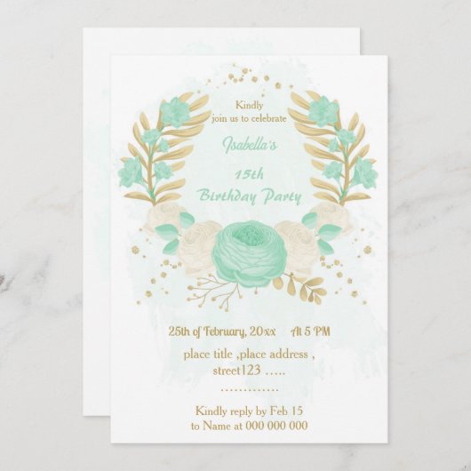 Invitation vert menthe fleurs blanches or fleuri anniversaire (Devant / Derrière)