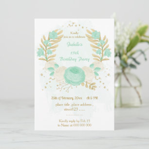 Invitation vert menthe fleurs blanches or fleuri anniversaire