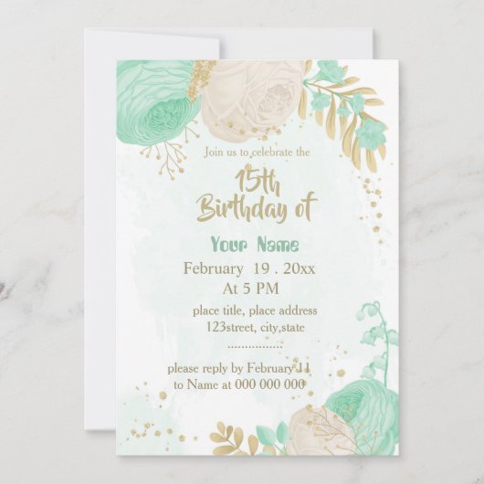 Invitation vert menthe fleurs blanches or fleuri anniversaire (Devant)