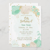 Invitation vert menthe fleurs blanches or fleuri anniversaire (Devant / Derrière)