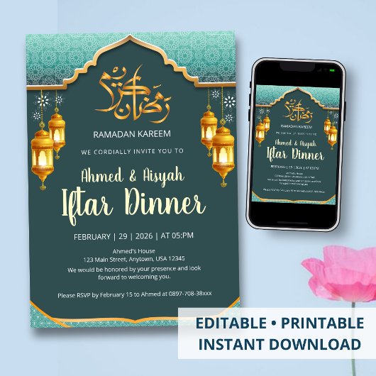 Invitation Vert menthe moderne et fête de Ramadan Iftar dorée