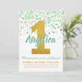 Invitation Vert Menthe Or Confettis 1er Anniversaire Annivers (Debout devant)