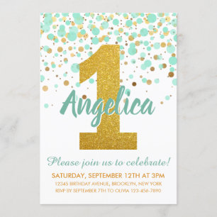 Invitation Vert Menthe Or Confettis 1er Anniversaire Annivers
