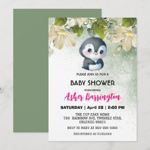 Invitation Vert mignon doux fleur de pingouin baby shower enf