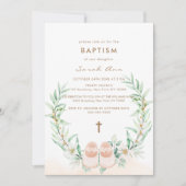 Invitation Vert mignon Eucalyptus Gold Cross Girl Baptême (Devant)