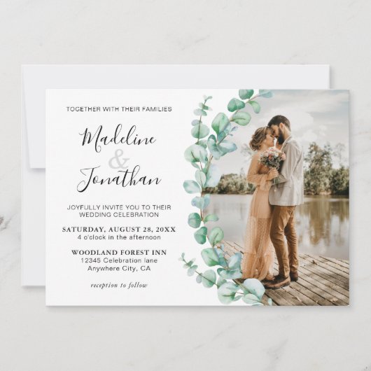 Invitation Vert minimaliste Eucalyptus Photo Mariage Invit (Devant)