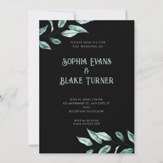 Invitation Vert minimaliste moderne Mariage noir (Devant)