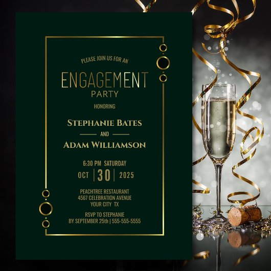 Invitation Vert moderne avec Gold Frame d'engagement