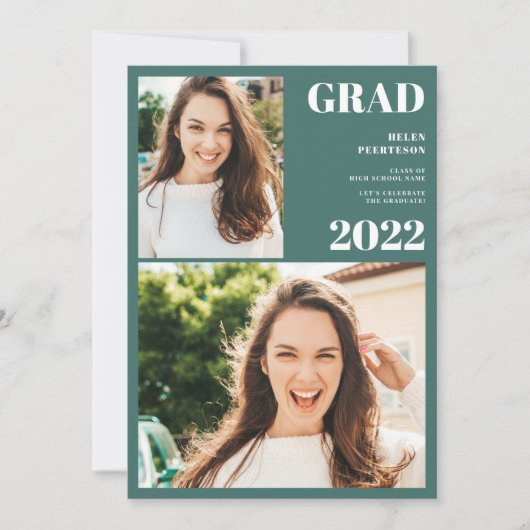 Invitation Vert moderne blanc 3 photos graduation (Devant)