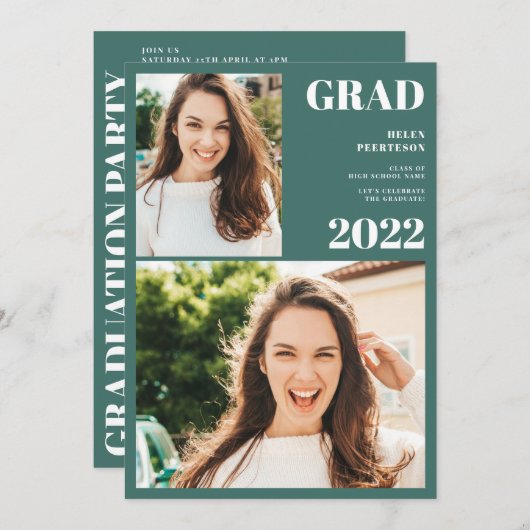 Invitation Vert moderne blanc 3 photos graduation (Devant / Derrière)
