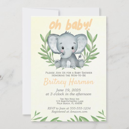 Invitation Vert moderne Eléphant Neutre Baby shower Invit (Devant)