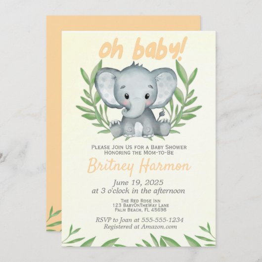 Invitation Vert moderne Eléphant Neutre Baby shower Invit (Devant / Derrière)
