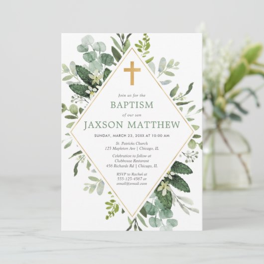 Invitation Vert moderne eucalyptus vert or baptême (Debout devant)