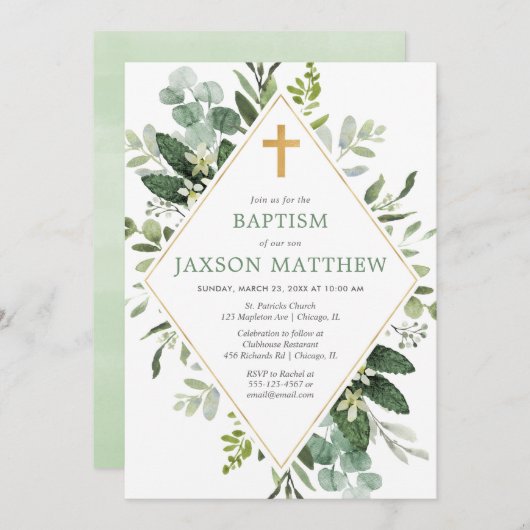 Invitation Vert moderne eucalyptus vert or baptême (Devant / Derrière)