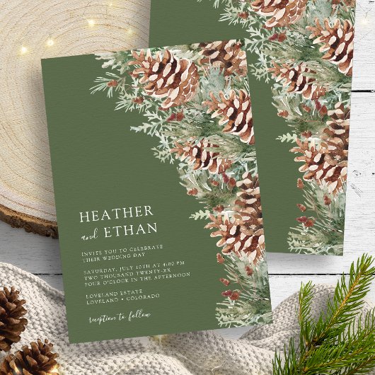 Invitation Vert moderne Mariage de pin d'hiver