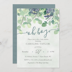 Invitation Vert moderne Oh Boy Blue Baby shower Floral