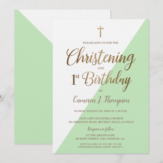 Invitation Vert moderne Or 1er anniversaire Christening (Devant / Derrière)
