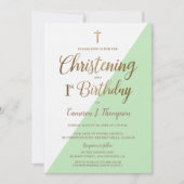 Invitation Vert moderne Or 1er anniversaire Christening (Devant)