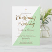 Invitation Vert moderne Or 1er anniversaire Christening (Debout devant)