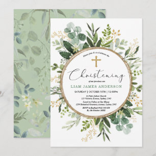 Invitation Vert moderne Or Botanique Feuille Christening
