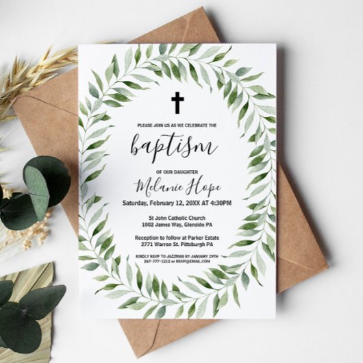 Invitation Vert moderne Simple Cross Baptême