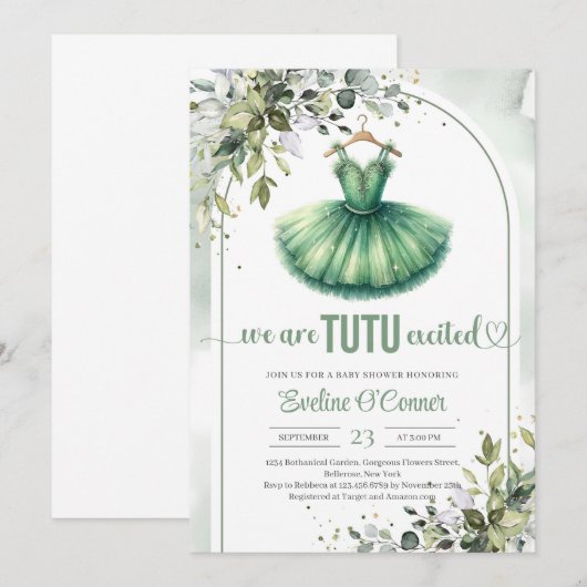 Invitation Vert moderne tutu robe verdure et or (Devant / Derrière)
