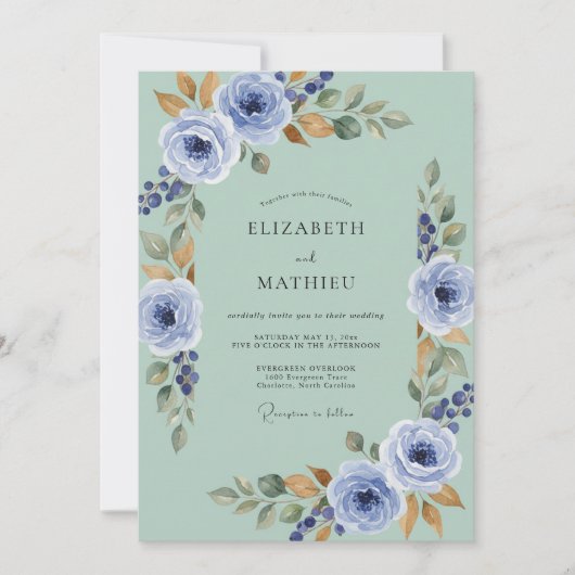 Invitation Vert Mousse Poli Mariage Floral (Devant)