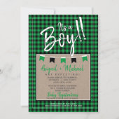Invitation Vert + Noir Baby Boy Buffalo Plaid Baby shower (Devant)