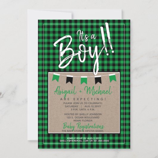 Invitation Vert + Noir Baby Boy Buffalo Plaid Baby shower (Devant)