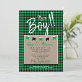 Invitation Vert + Noir Baby Boy Buffalo Plaid Baby shower (Debout devant)