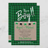 Invitation Vert + Noir Baby Boy Buffalo Plaid Baby shower (Devant / Derrière)