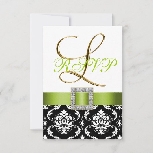 Invitation Vert Noir Blanc Damasque Initiale L Mariage RSVP (Devant)