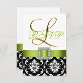 Invitation Vert Noir Blanc Damassé Initiale L Mariage RSVP (Devant / Derrière)