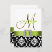 Invitation Vert Noir Blanc Damassé Réponse de Mariage Initial (Devant / Derrière)