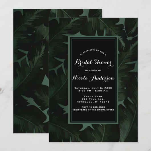 Invitation Vert & Noir Chic Feuilles Tropicales Baby Shower M (Devant / Derrière)
