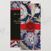 INVITATION VERT & NOIR DAMAS BLEU, MONOGRAMME À SCEAU DE CIRE (Devant / Derrière)