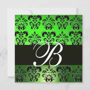 Invitation VERT NOIR DAMAS MONOGRAMME, blanc