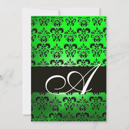 Invitation VERT NOIR DAMAS MONOGRAMME, blanc brillant (Devant)