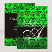 Invitation VERT NOIR DAMAS MONOGRAMME, blanc brillant (Devant / Derrière)