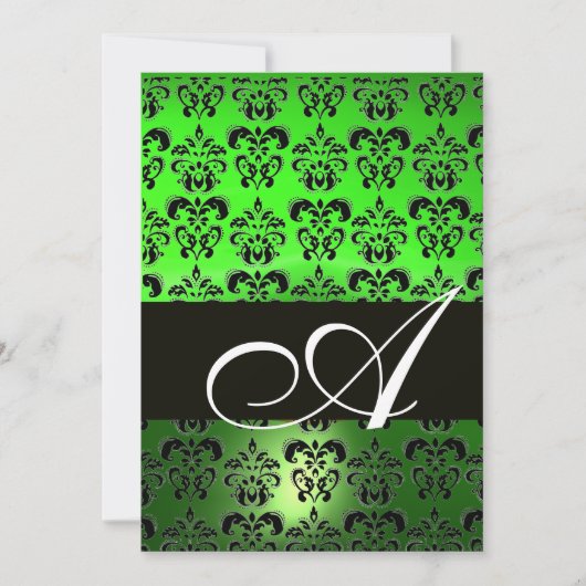 Invitation VERT NOIR DAMAS MONOGRAMME, blanc brillant (Devant)