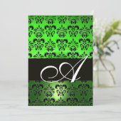 Invitation VERT NOIR DAMAS MONOGRAMME, blanc brillant (Debout devant)