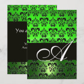 Invitation VERT NOIR DAMAS MONOGRAMME, blanc brillant (Devant / Derrière)