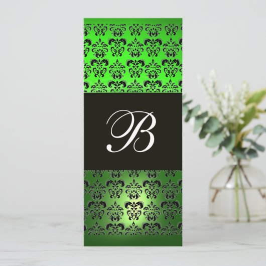 Invitation VERT NOIR  DAMASSÉ MONOGRAMME , émeraude blanc (Debout devant)