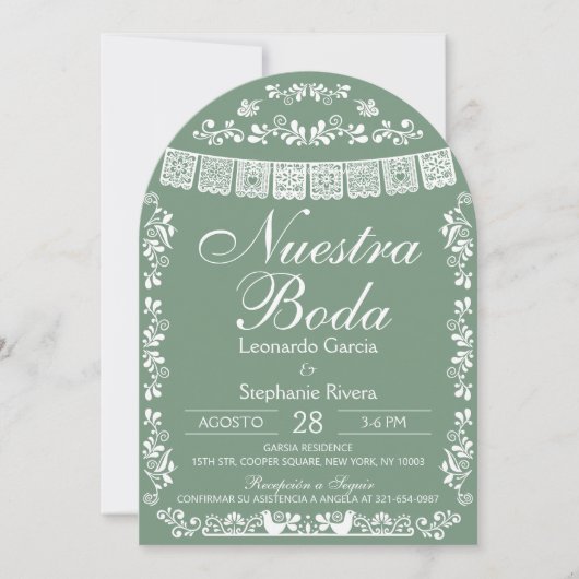 Invitation Vert Nuestra Boda Papel Picado Mariage Espagnol (Devant)