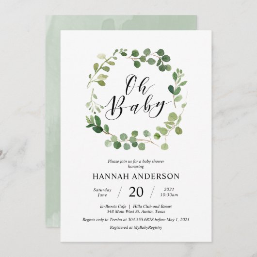 Invitation Vert Oh Baby shower Script moderne (Devant / Derrière)