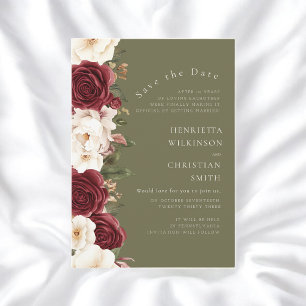 Invitation Vert olive floral mise en vente bourgogne roses