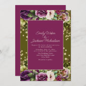 Invitation Vert Olive Rose Floral Aquarelle Violet (Devant / Derrière)