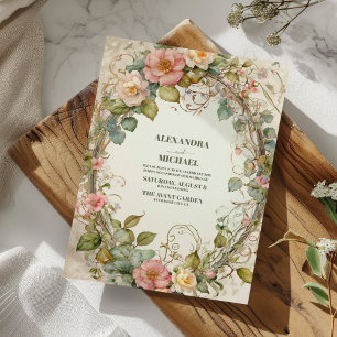 Invitation Vert olive rose floral Art Nouveau Mariage