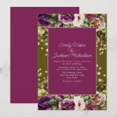Invitation Vert olive rose violet aquarelle florale (Devant / Derrière)